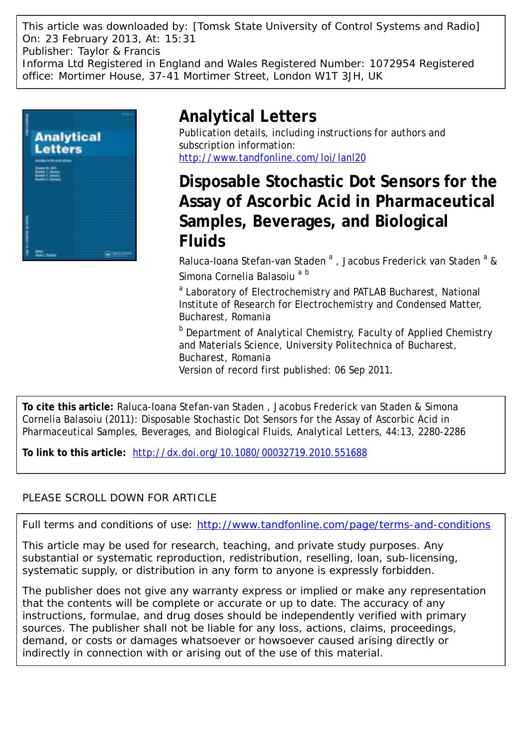 Disposable Stochastic Dot Sensors for the Assay of Ascorbic Acid in Pharmaceutical Samples, Beverages, and Biological Fluids by Raluca-Ioana Stefan-van Staden Jacobus Frederick van Staden & Simona Cornelia Balasoiu