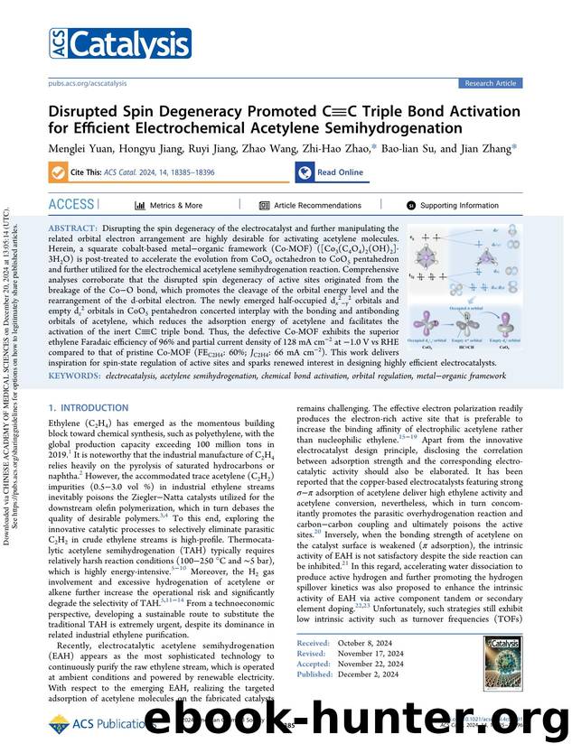 Disrupted Spin Degeneracy Promoted Câ¡C Triple Bond Activation for Efficient Electrochemical Acetylene Semihydrogenation by Menglei Yuan Hongyu Jiang Ruyi Jiang Zhao Wang Zhi-Hao Zhao Bao-lian Su & Jian Zhang