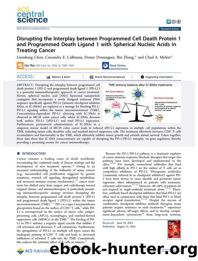 Disrupting the Interplay between Programmed Cell Death Protein 1 and Programmed Death Ligand 1 with Spherical Nucleic Acids in Treating Cancer by unknow