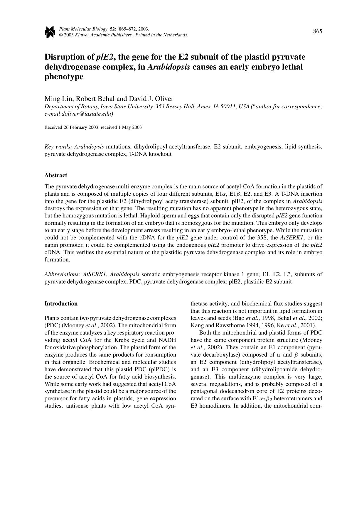 Disruption of <Emphasis Type="Italic">plE2<Emphasis>, the gene for the E2 subunit of the plastid pyruvate dehydrogenase complex, in <Emphasis Type="Italic">Arabidopsis<Emphasis> ca by Unknown