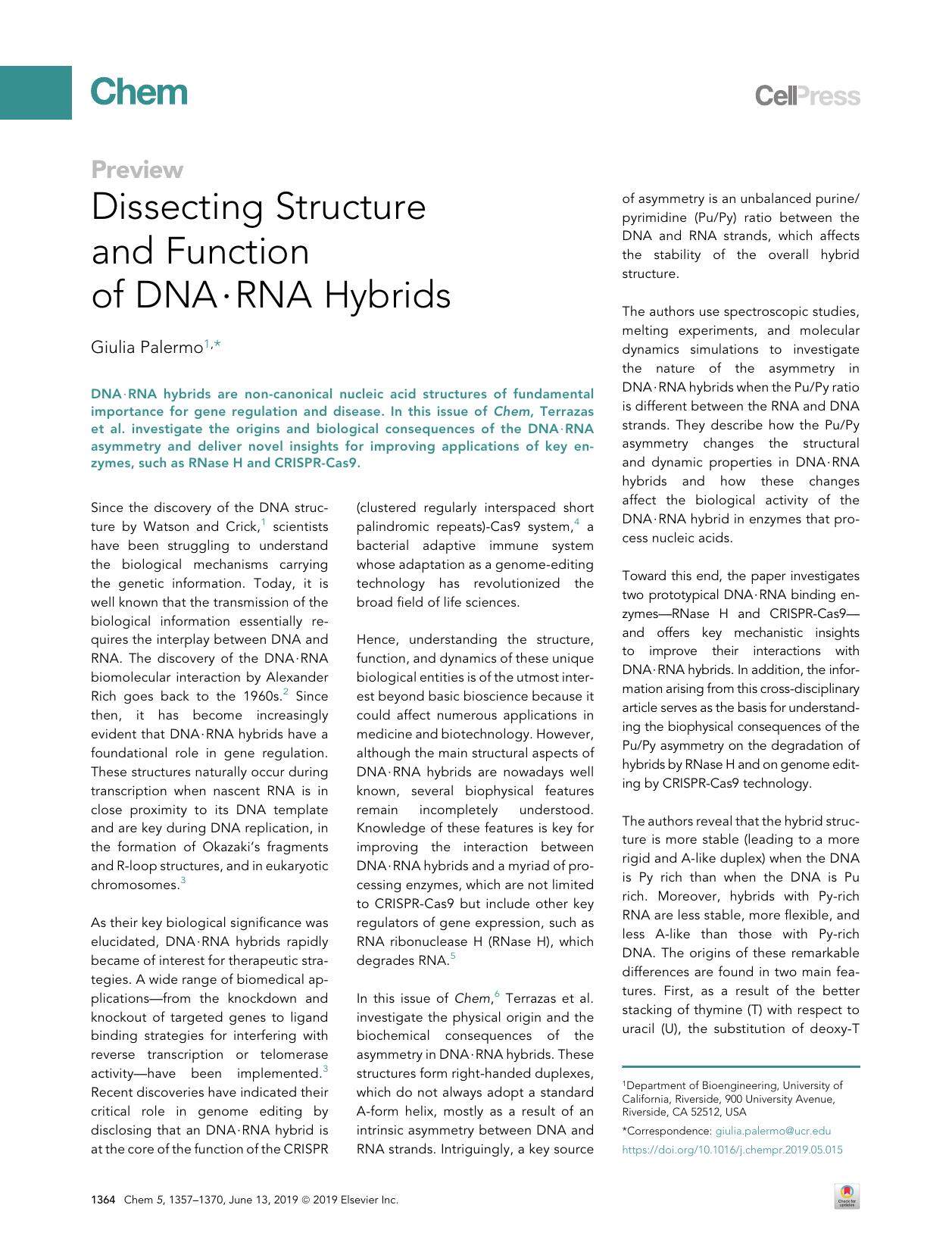Dissecting Structure and Function of DNA&middot;RNA Hybrids by Giulia Palermo