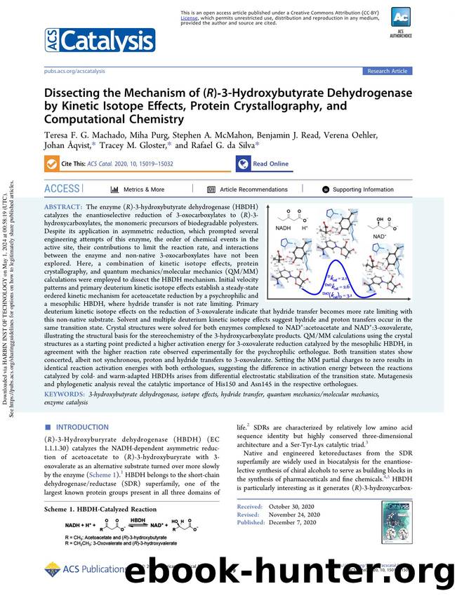 Dissecting the Mechanism of (R)-3-Hydroxybutyrate Dehydrogenase by Kinetic Isotope Effects, Protein Crystallography, and Computational Chemistry by unknow