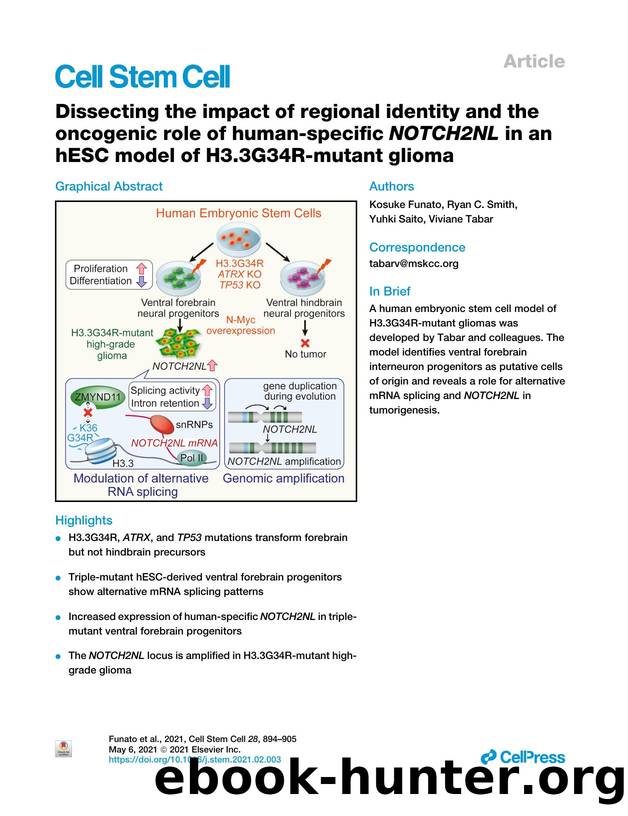Dissecting the impact of regional identity and the oncogenic role of human-specific NOTCH2NL in an hESC model of H3.3G34R-mutant glioma by Kosuke Funato & Ryan C. Smith & Yuhki Saito & Viviane Tabar