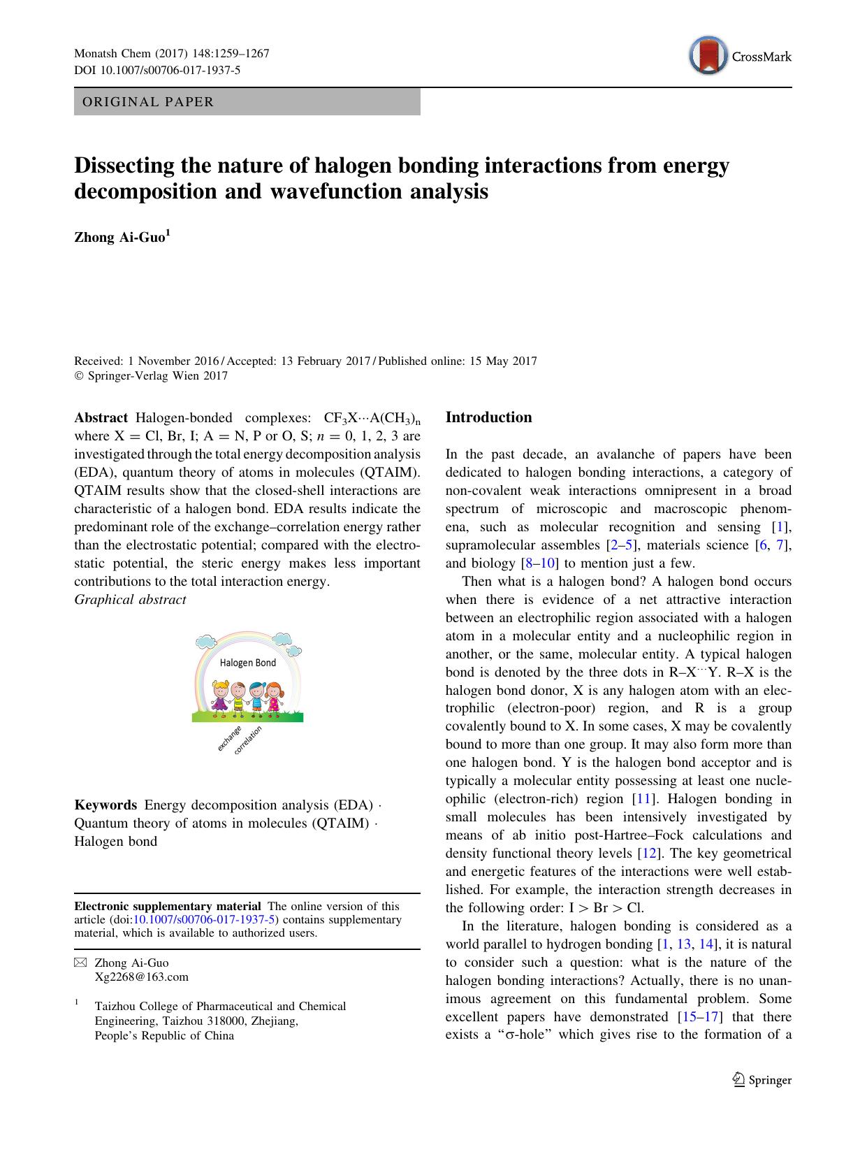 Dissecting the nature of halogen bonding interactions from energy decomposition and wavefunction analysis by Zhong Ai-Guo