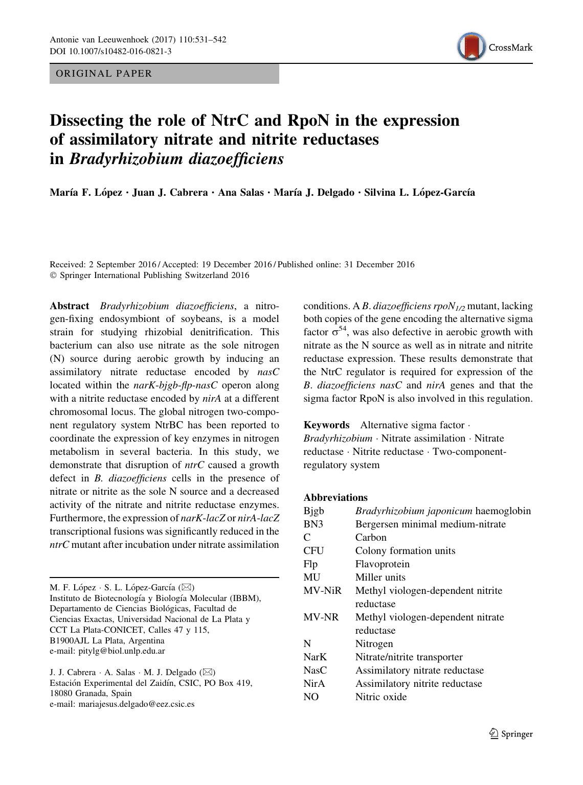 Dissecting the role of NtrC and RpoN in the expression of assimilatory nitrate and nitrite reductases in Bradyrhizobium diazoefficiens by María F. López & Juan J. Cabrera & Ana Salas & María J. Delgado & Silvina L. López-García