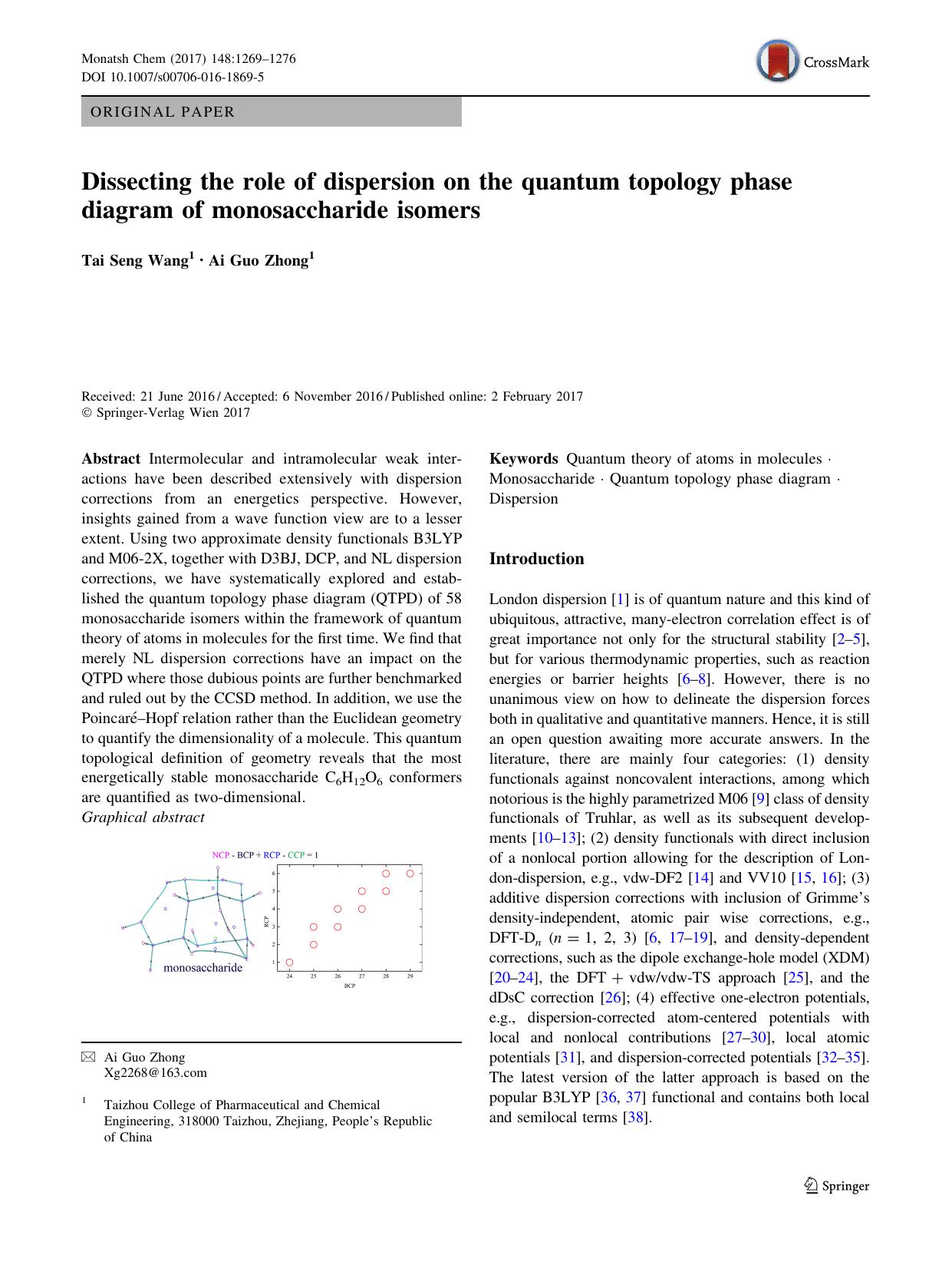 Dissecting the role of dispersion on the quantum topology phase diagram of monosaccharide isomers by Tai Seng Wang & Ai Guo Zhong