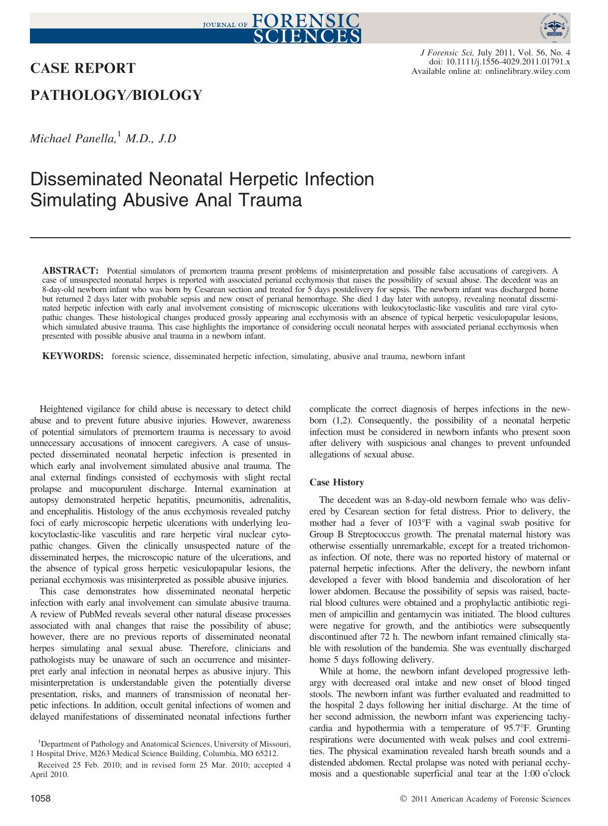 Disseminated Neonatal Herpetic Infection Simulating Abusive Anal Trauma by Unknown