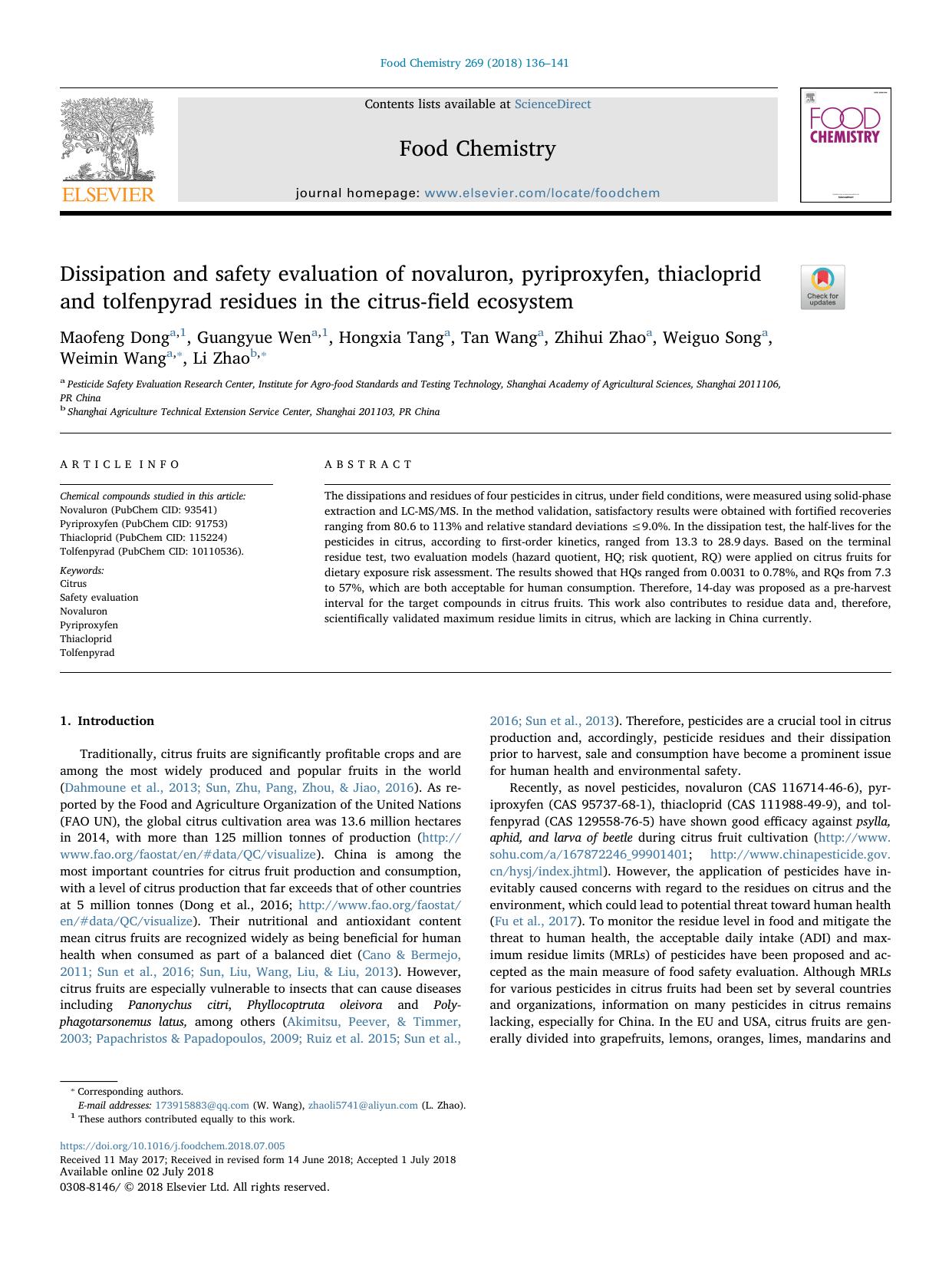Dissipation and safety evaluation of novaluron, pyriproxyfen, thiacloprid and tolfenpyrad residues in the citrus-field ecosystem by Maofeng Dong