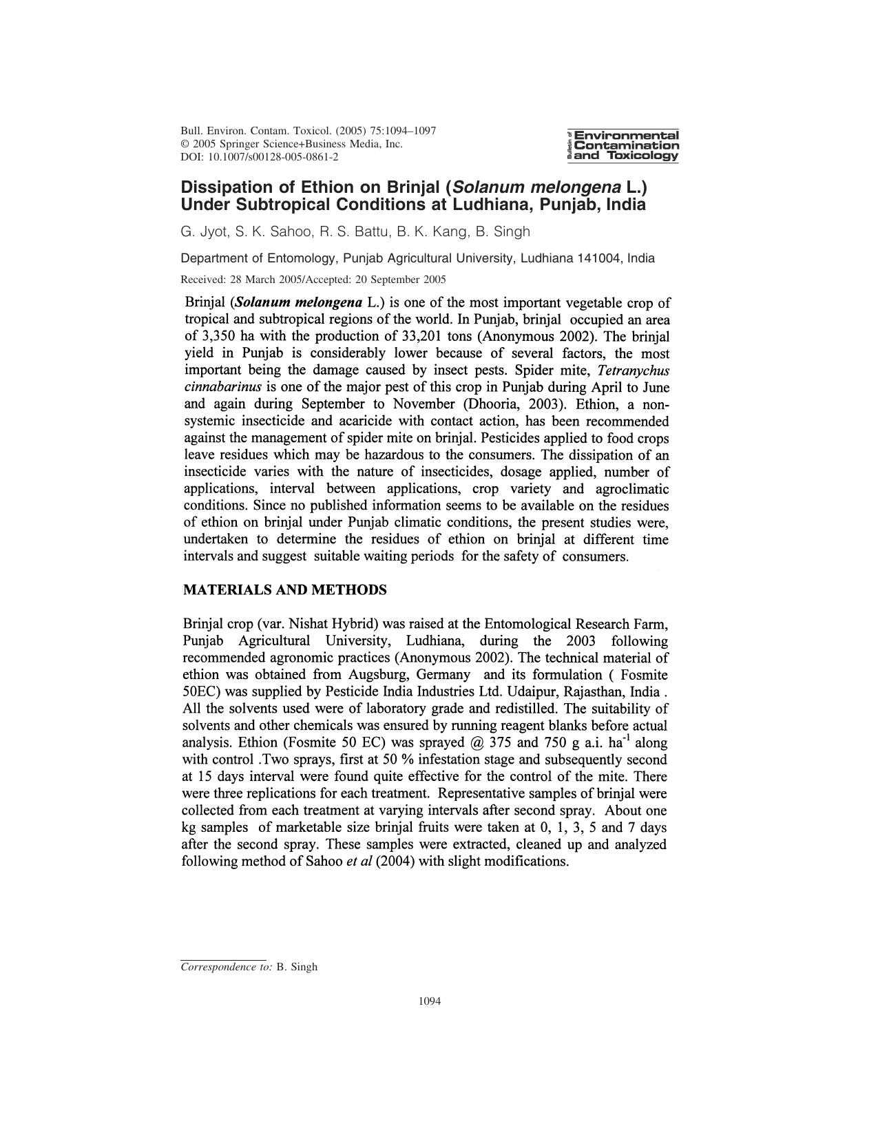 Dissipation of Ethion on Brinjal (Solanum melongena L.) Under Subtropical Conditions at Ludhiana, Punjab, India by Jyot & G. et al