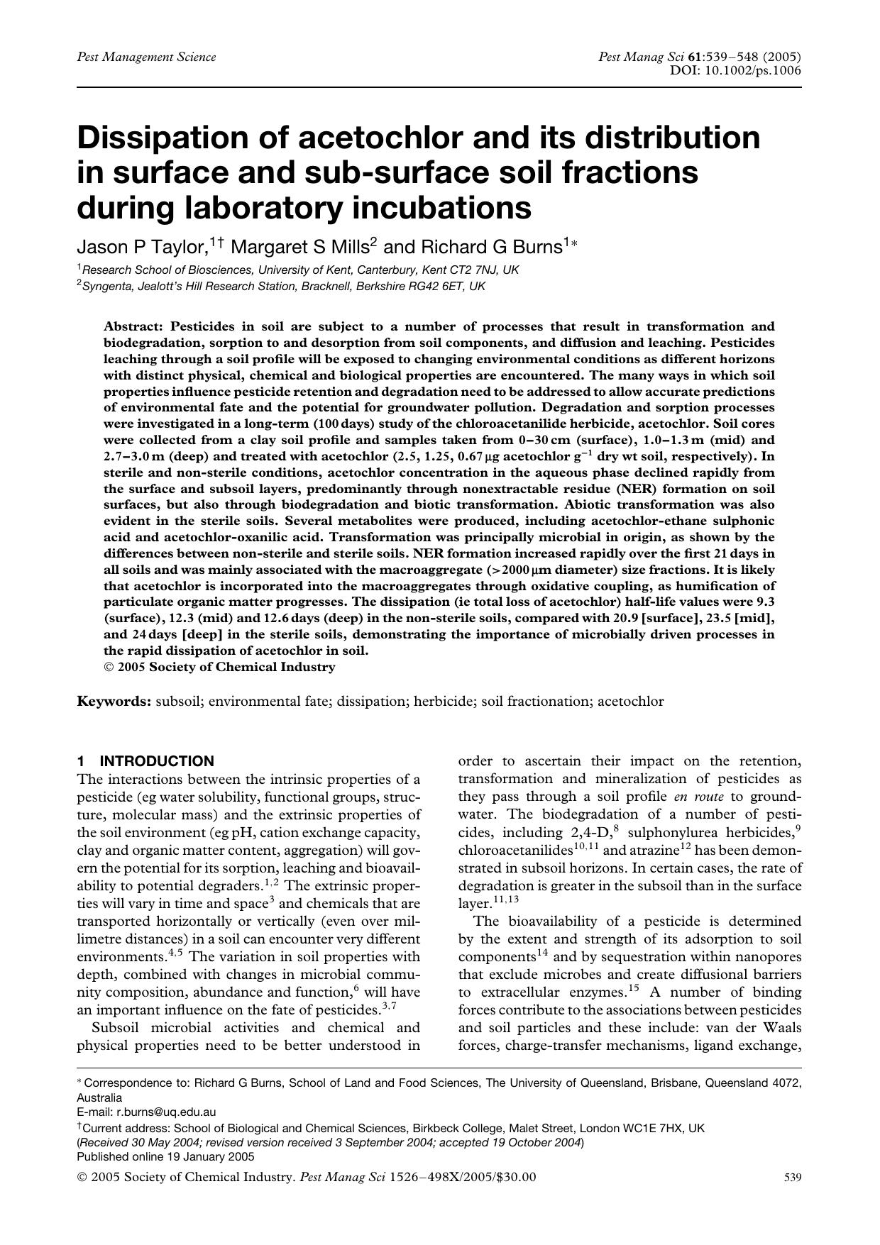 Dissipation of acetochlor and its distribution in surface and sub-surface soil fractions during laboratory incubations by Unknown