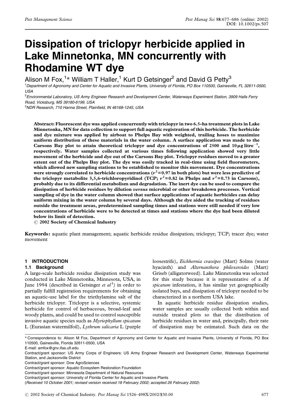 Dissipation of triclopyr herbicide applied in Lake Minnetonka, MN concurrently with Rhodamine WT dye by Unknown