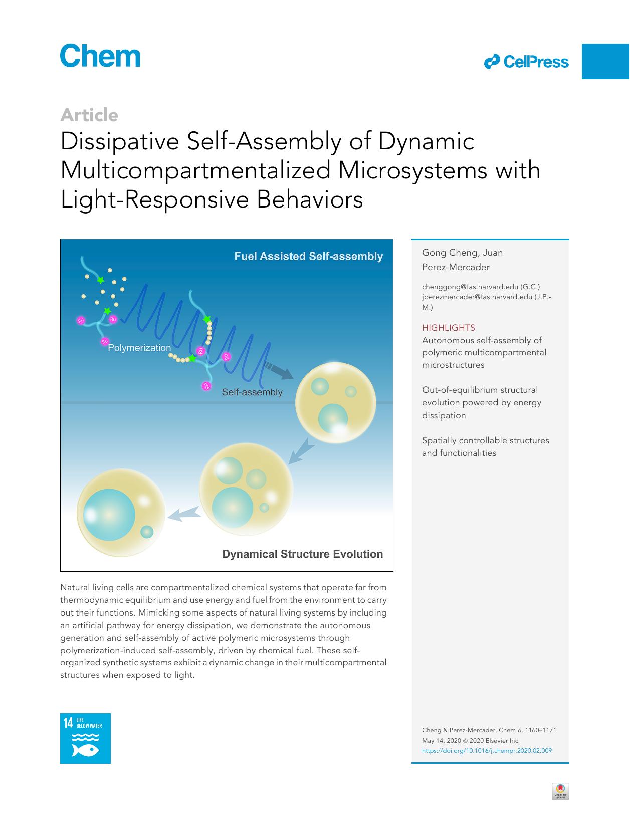 Dissipative Self-Assembly of Dynamic Multicompartmentalized Microsystems with Light-Responsive Behaviors by Gong Cheng & Juan Perez-Mercader