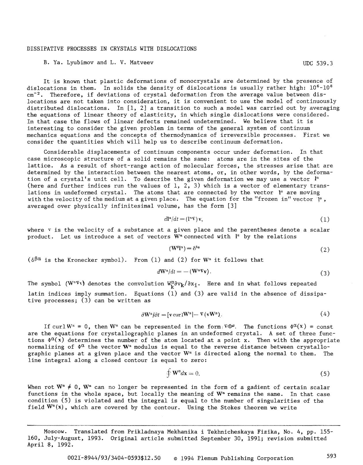 Dissipative processes in crystals with dislocations by Unknown
