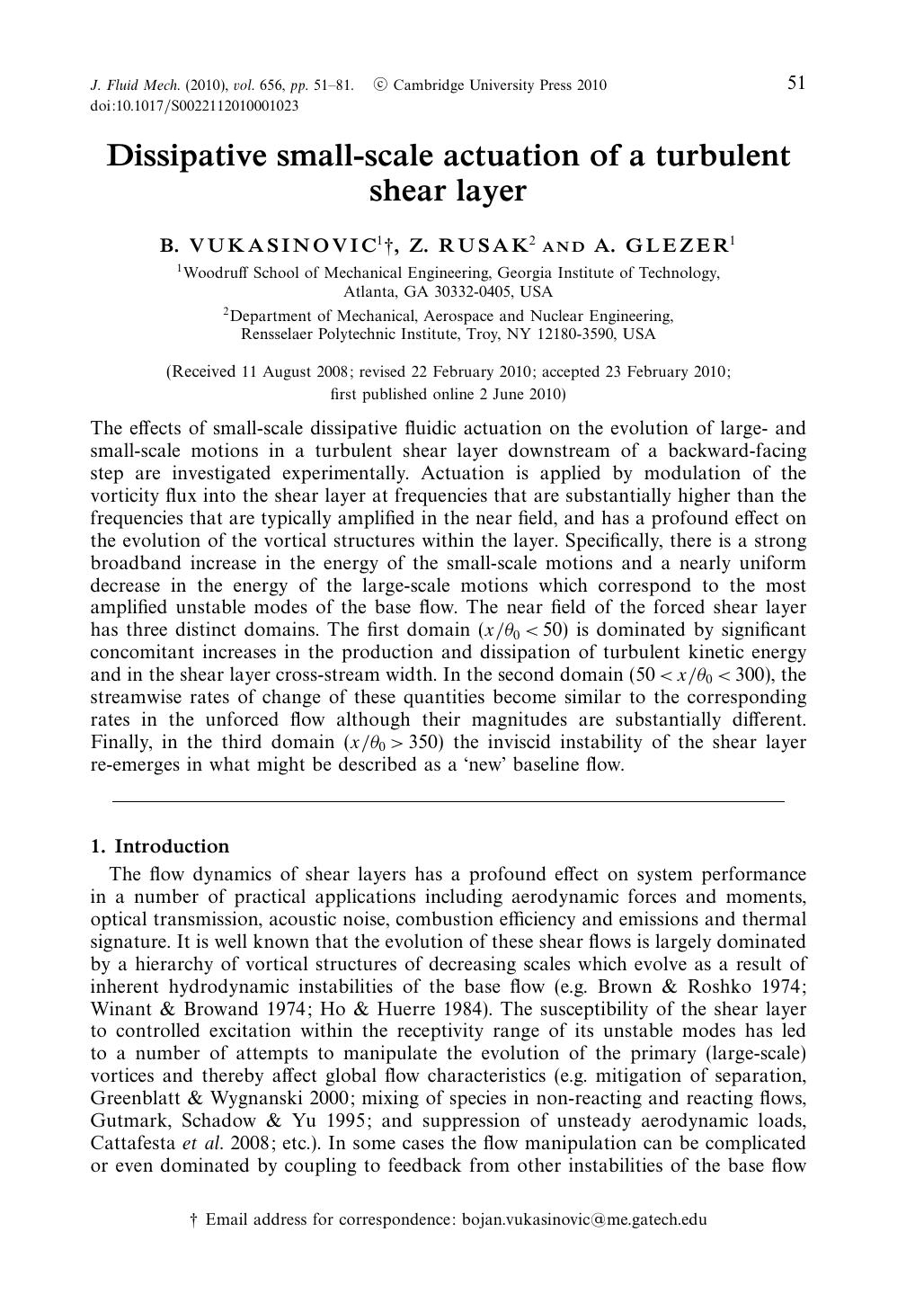 Dissipative small-scale actuation of a turbulent shear layer by B. VUKASINOVIC Z. RUSAK A. GLEZER