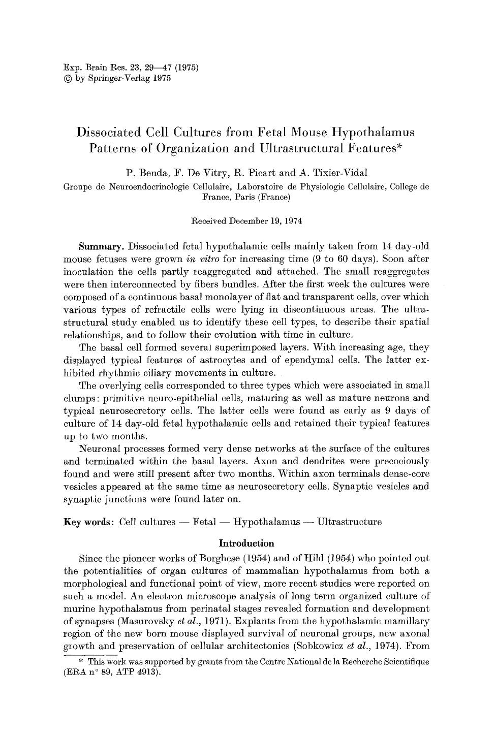 Dissociated cell cultures from fetal mouse hypothalamus patterns of organization and ultrastructural features by Unknown