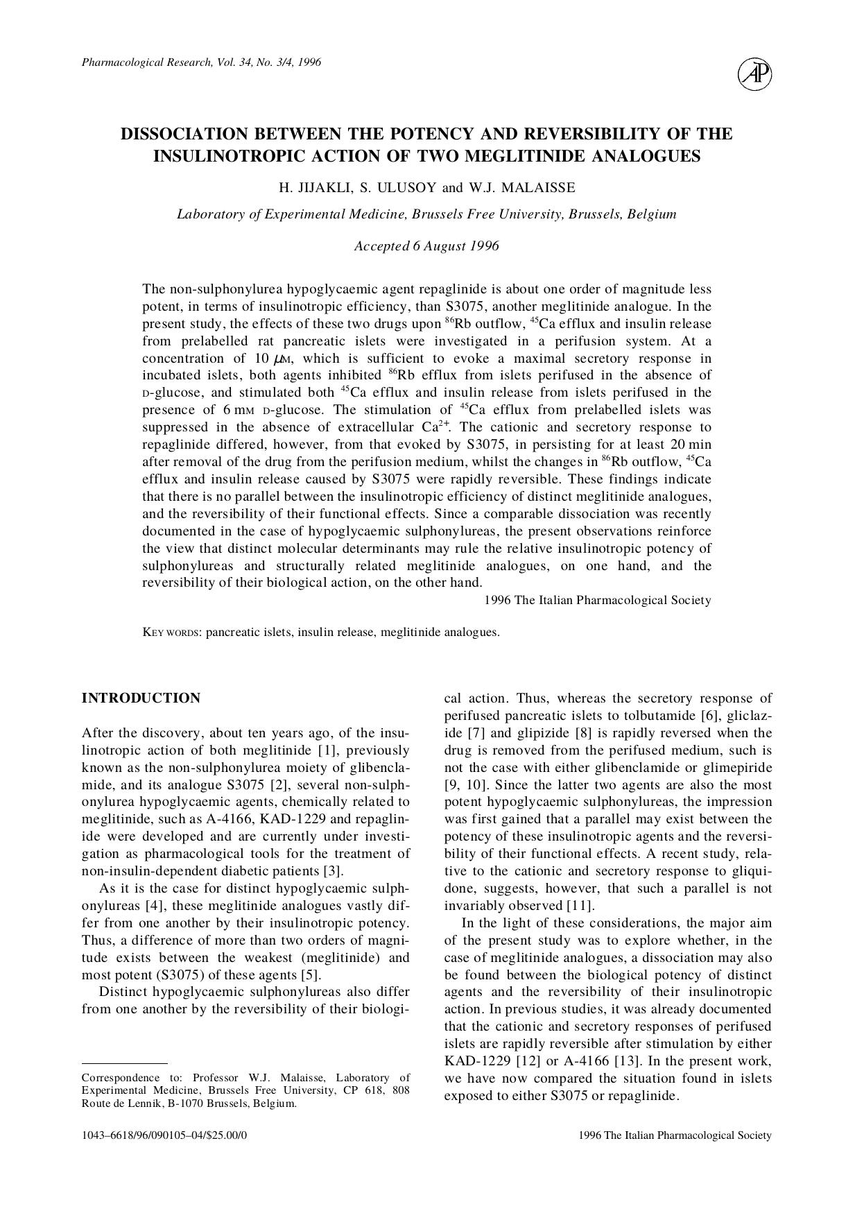 Dissociation Between the Potency and Reversibility of the insulinotropic Action of Two Meglitinide Analogues by Jijakli H. et al