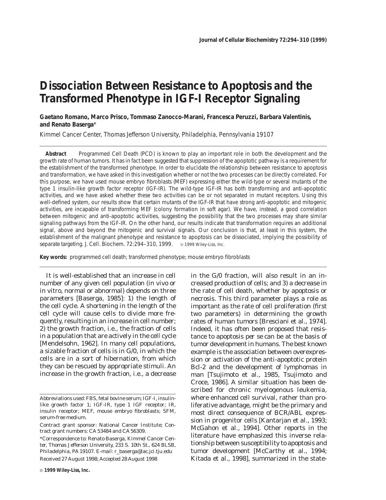 Dissociation between resistance to apoptosis and the transformed phenotype in IGF-I receptor signaling by Unknown