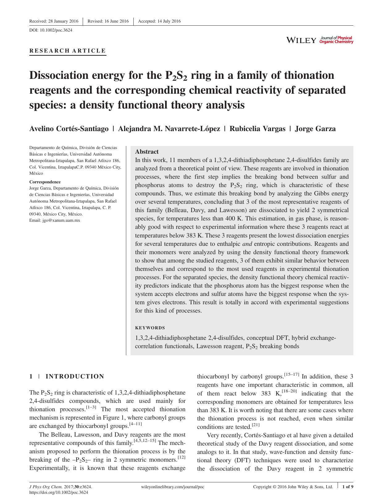Dissociation energy for the P2S2 ring in a family of thionation reagents and the corresponding chemical reactivity of separated species: a density functional theory analysis by Avelino Cortés-Santiago Alejandra M. Navarrete-López Rubicelia Vargas Jorge Garza