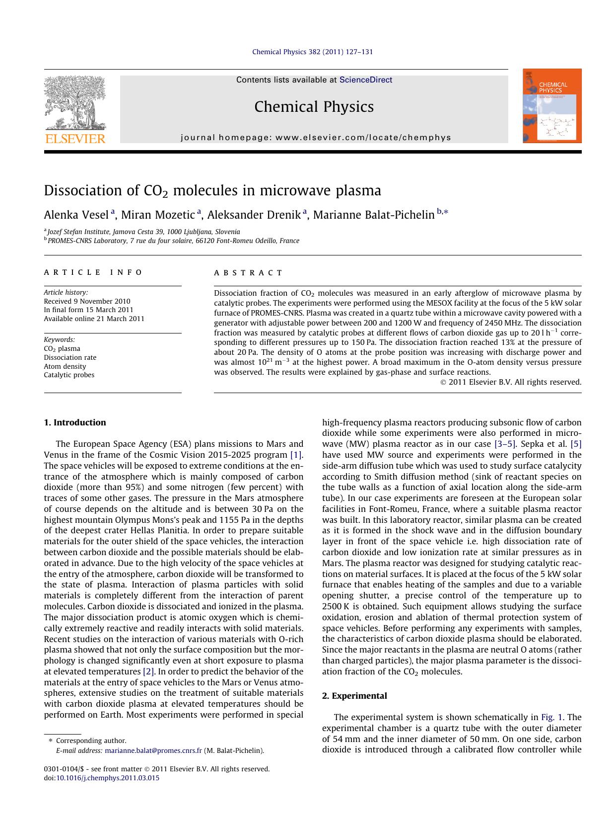 Dissociation of CO2 molecules in microwave plasma by Alenka Vesel & Miran Mozetic & Aleksander Drenik & Marianne Balat-Pichelin