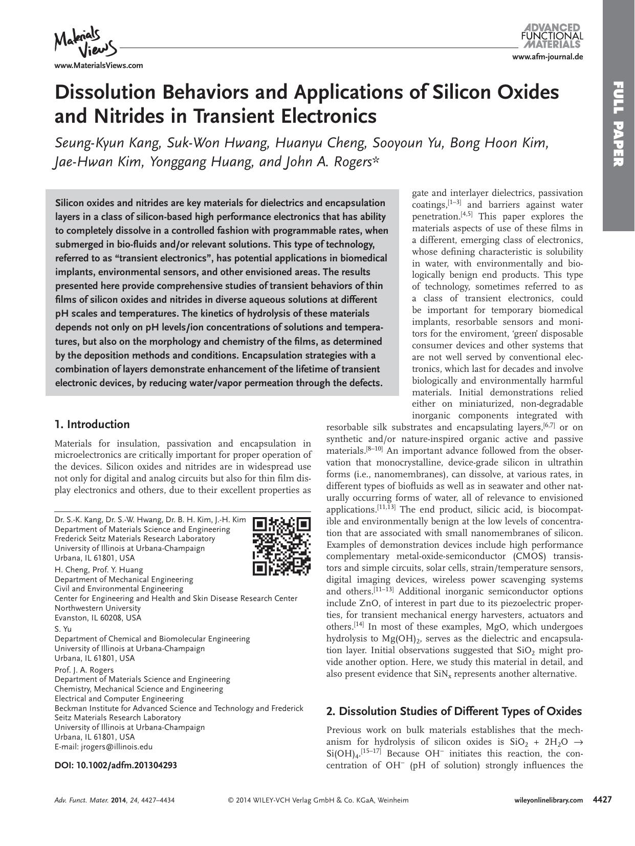 Dissolution Behaviors and Applications of Silicon Oxides and Nitrides in Transient Electronics by processteam
