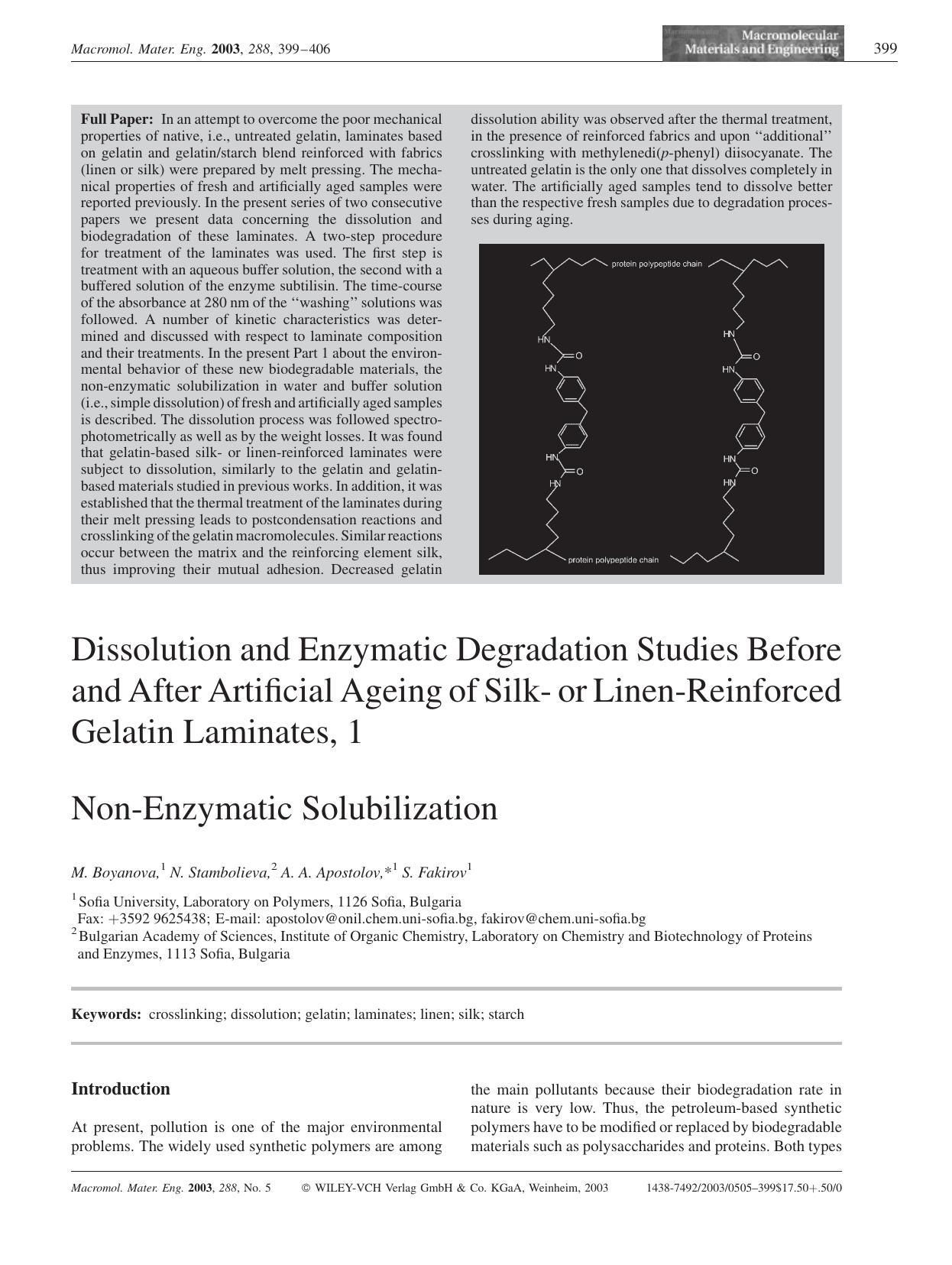 Dissolution and Enzymatic Degradation Studies Before and After Artificial Ageing of Silk- or Linen-Reinforced Gelatin Laminates, 1 by Unknown