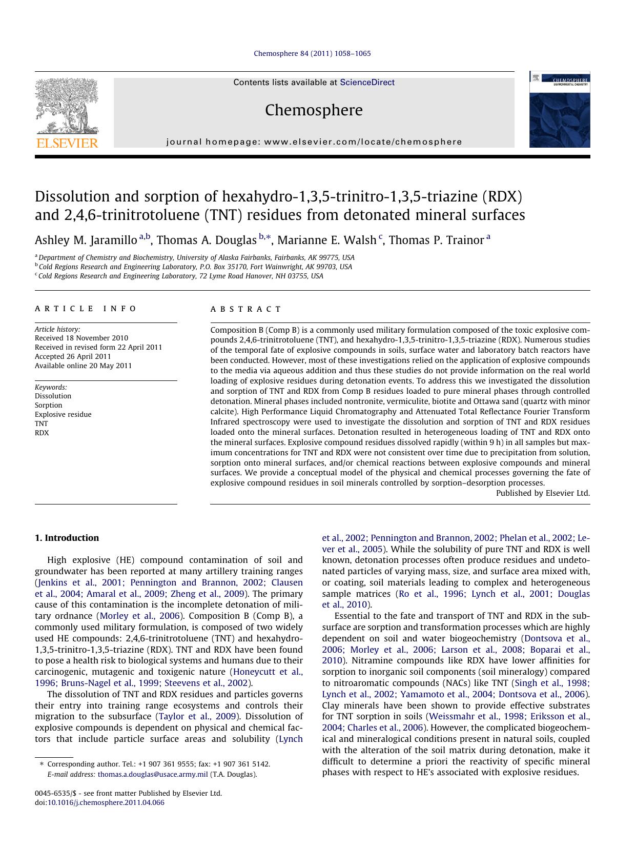 Dissolution and sorption of hexahydro-1,3,5-trinitro-1,3,5-triazine (RDX) and 2,4,6-trinitrotoluene (TNT) residues from detonated mineral surfaces by Ashley M. Jaramillo & Thomas A. Douglas & Marianne E. Walsh & Thomas P. Trainor