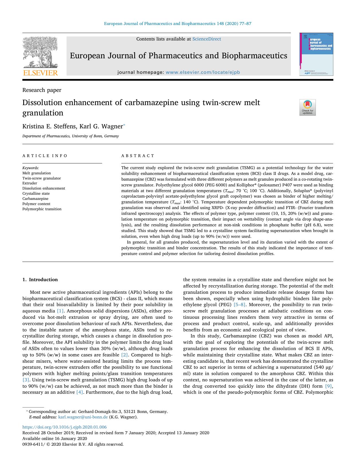 Dissolution enhancement of carbamazepine using twin-screw melt granulation by Kristina E. Steffens & Karl G. Wagner