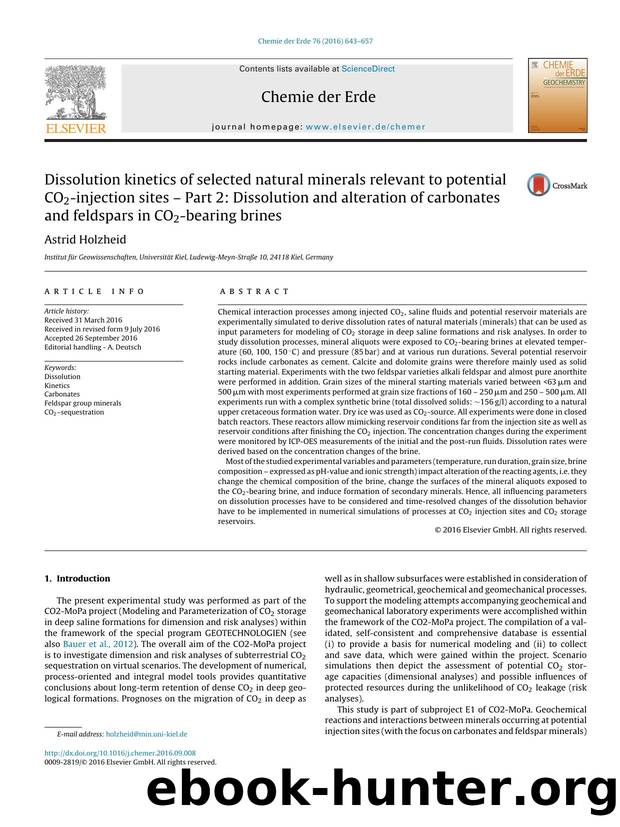 Dissolution kinetics of selected natural minerals relevant to potential CO2-injection sites â Part 2: Dissolution and alteration of carbonates and feldspars in CO2-bearing brines by Astrid Holzheid