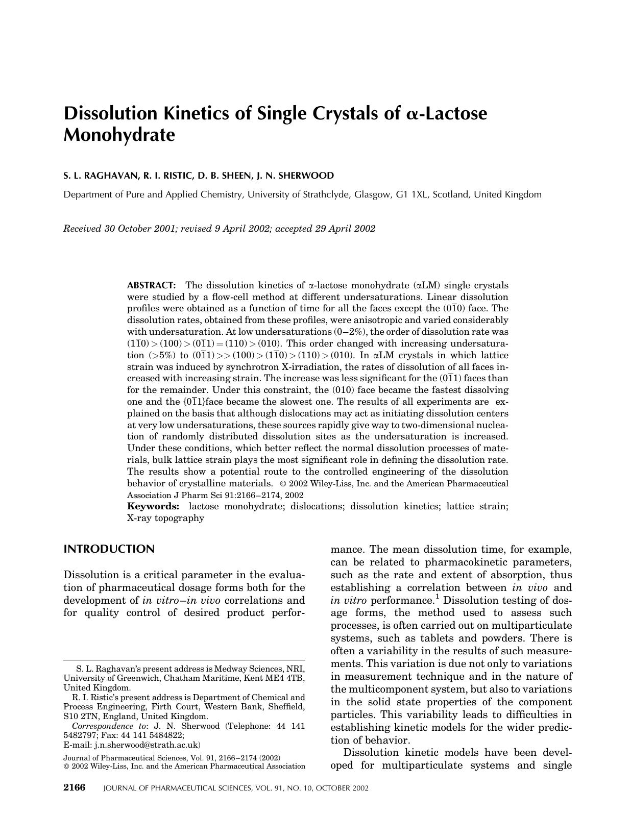 Dissolution kinetics of single crystals of [alpha]-lactose monohydrate by Unknown