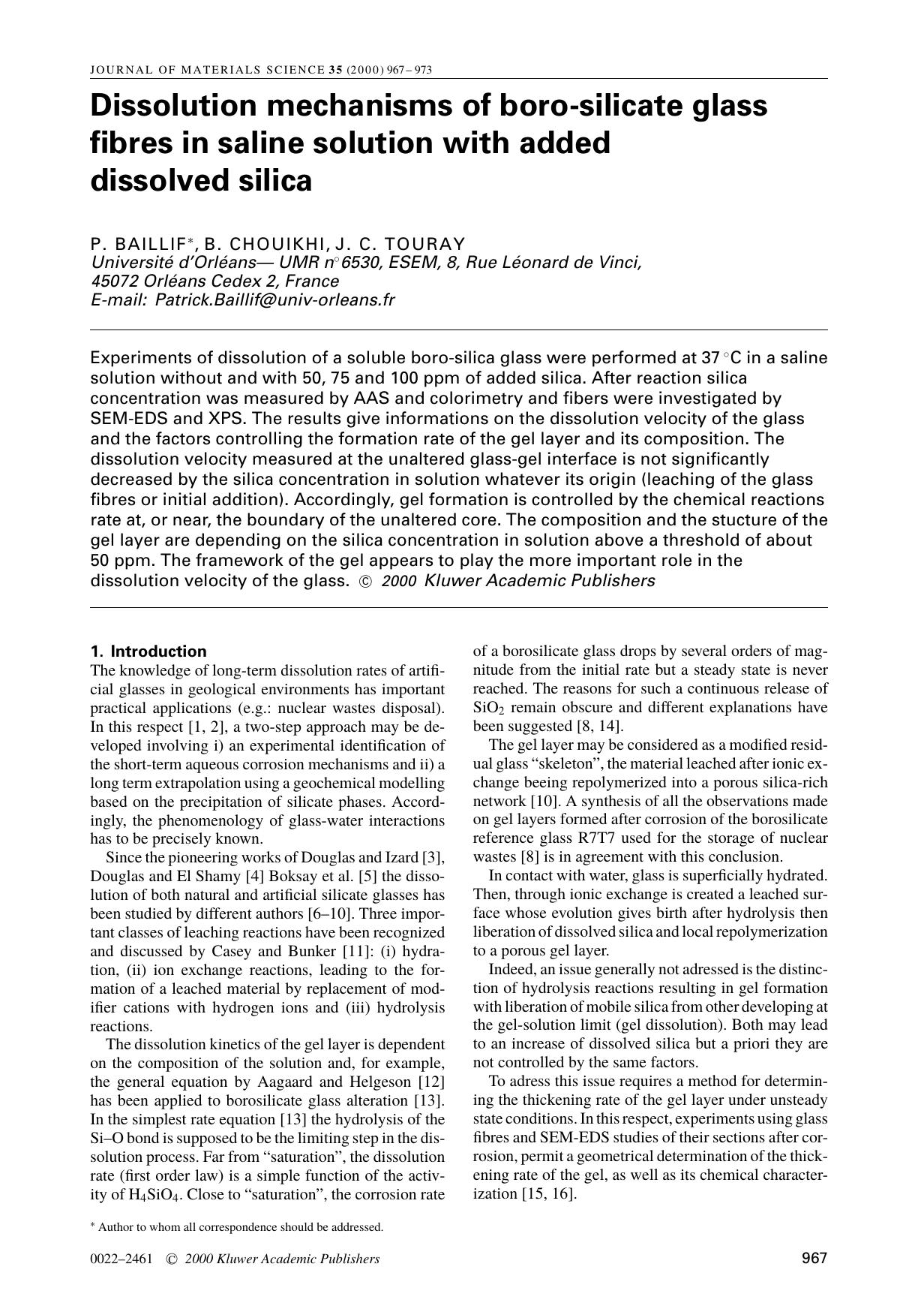 Dissolution mechanisms of boro-silicate glass fibres in saline solution with added dissolved silica by Unknown