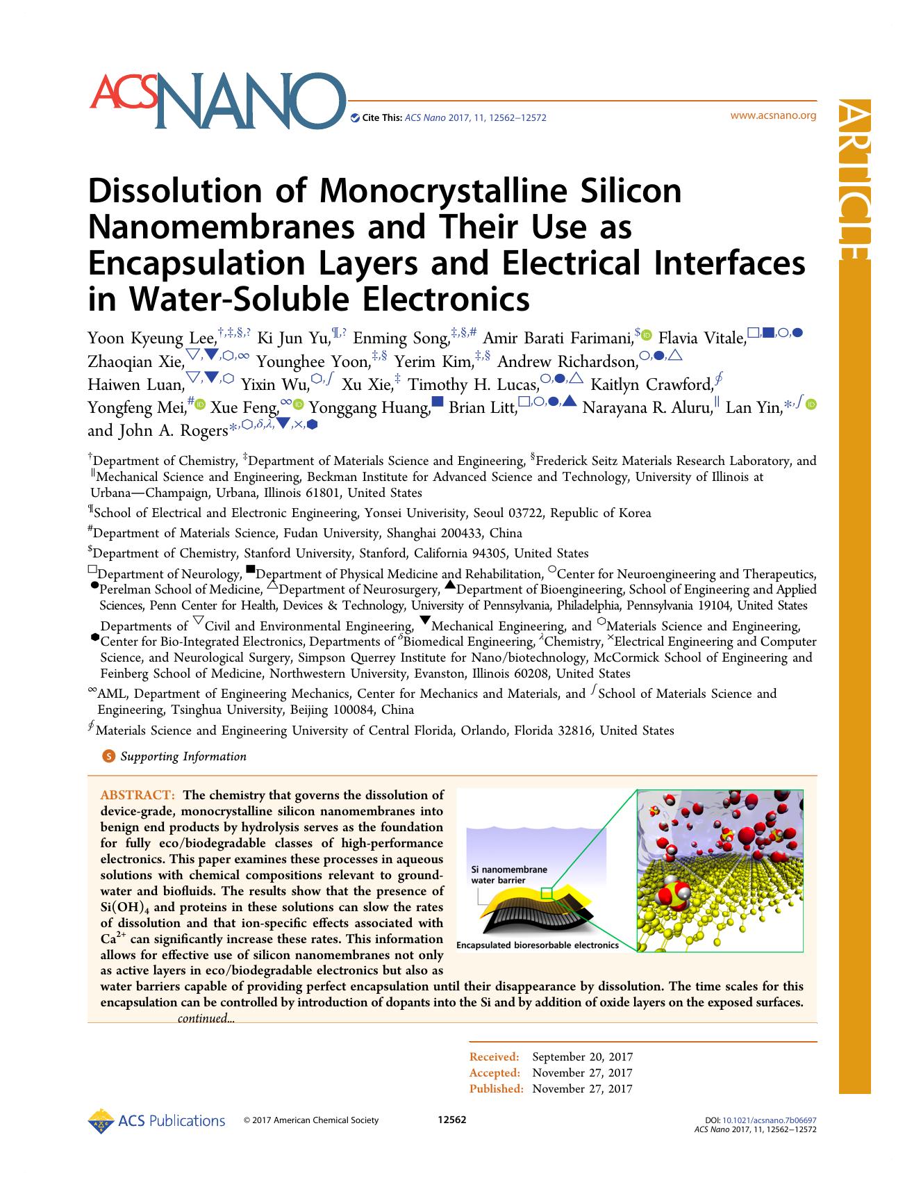 Dissolution of Monocrystalline Silicon Nanomembranes and Their Use as Encapsulation Layers and Electrical Interfaces in Water-Soluble Electronics by unknow
