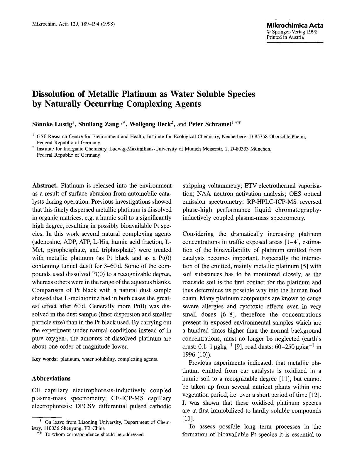 Dissolution of metallic platinum as water soluble species by naturally occurring complexing agents by Unknown