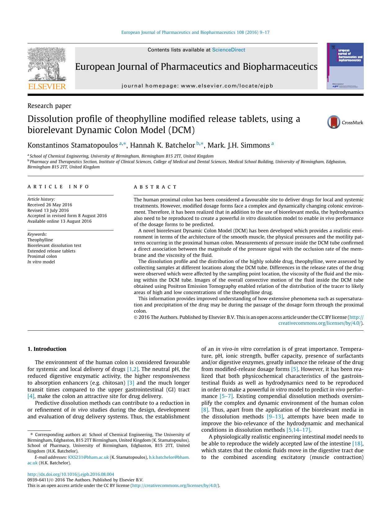 Dissolution profile of theophylline modified release tablets, using a biorelevant Dynamic Colon Model (DCM) by Konstantinos Stamatopoulos & Hannah K. Batchelor & Mark. J.H. Simmons