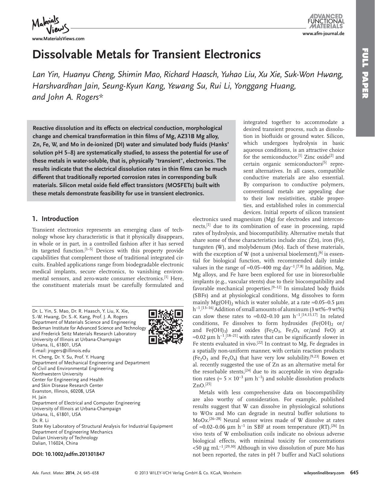 Dissolvable Metals for Transient Electronics by s-w-270