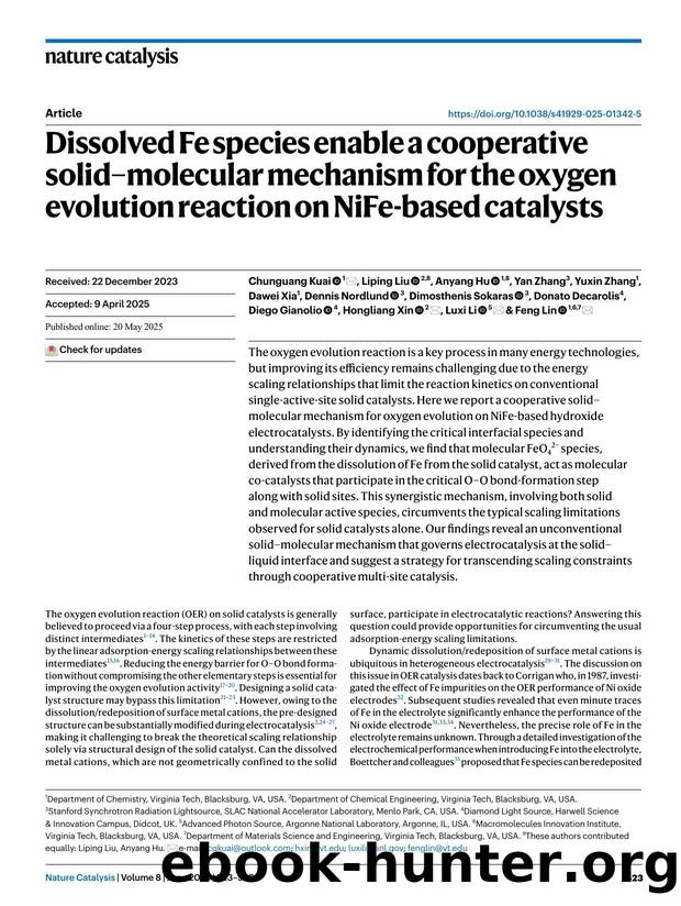 Dissolved Fe species enable a cooperative solidâmolecular mechanism for the oxygen evolution reaction on NiFe-based catalysts by unknow