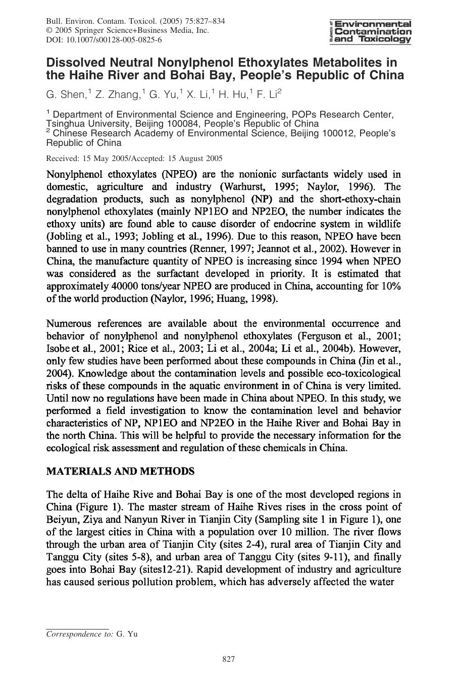 Dissolved Neutral Nonylphenol Ethoxylates Metabolites in the Haihe River and Bohai Bay, Peopleâs Republic of China by Shen G. et al