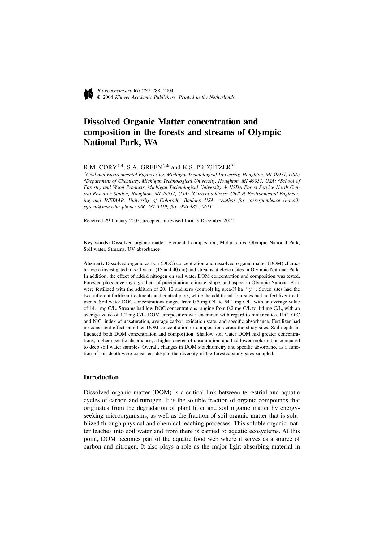 Dissolved Organic Matter concentration and composition in the forests and streams of Olympic National Park, WA by Unknown