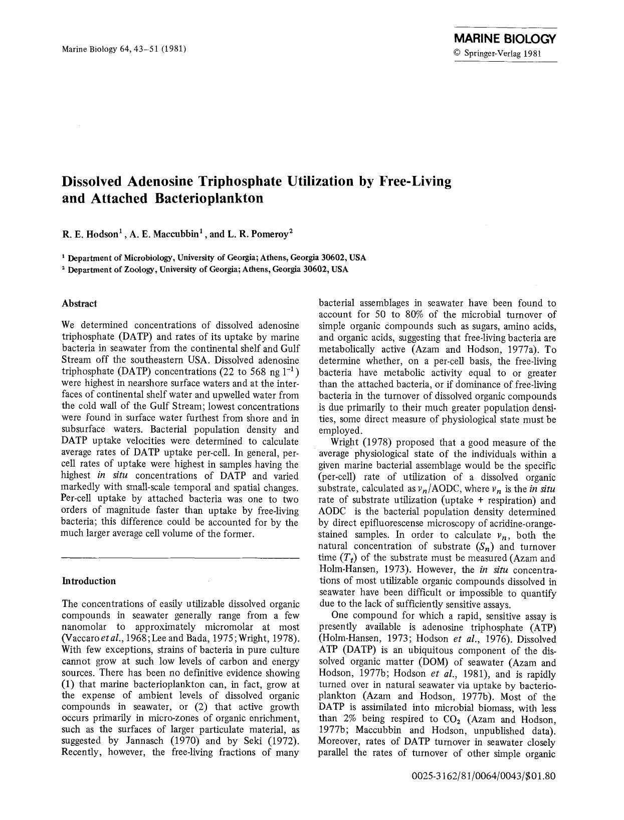 Dissolved adenosine triphosphate utilization by free-living and attached bacterioplankton by Unknown