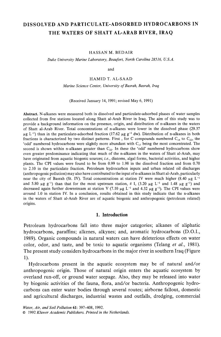 Dissolved and particulate-adsorbed hydrocarbons in the waters of shatt al-Arab River, Iraq by Unknown