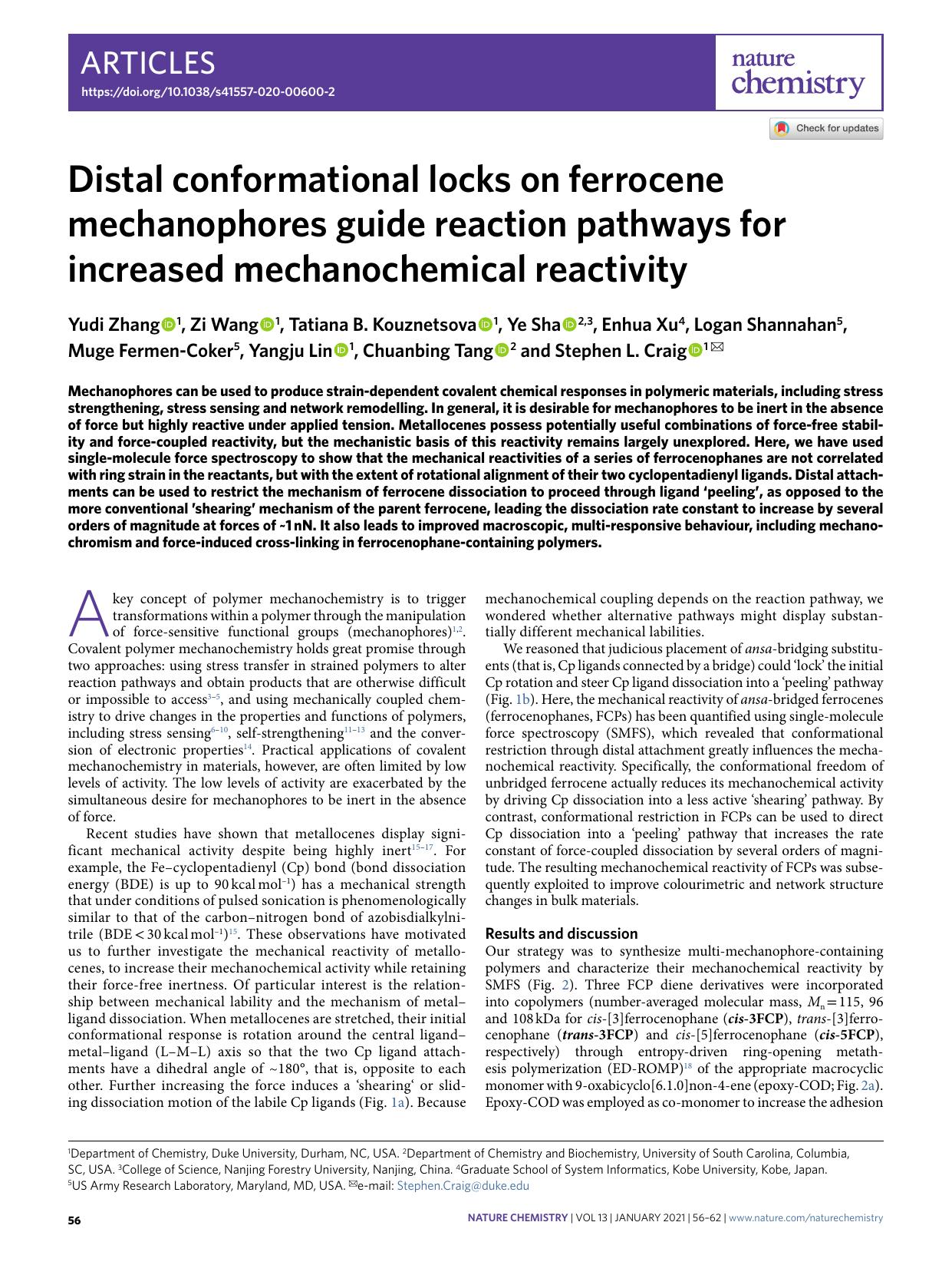 Distal conformational locks on ferrocene mechanophores guide reaction pathways for increased mechanochemical reactivity by unknow