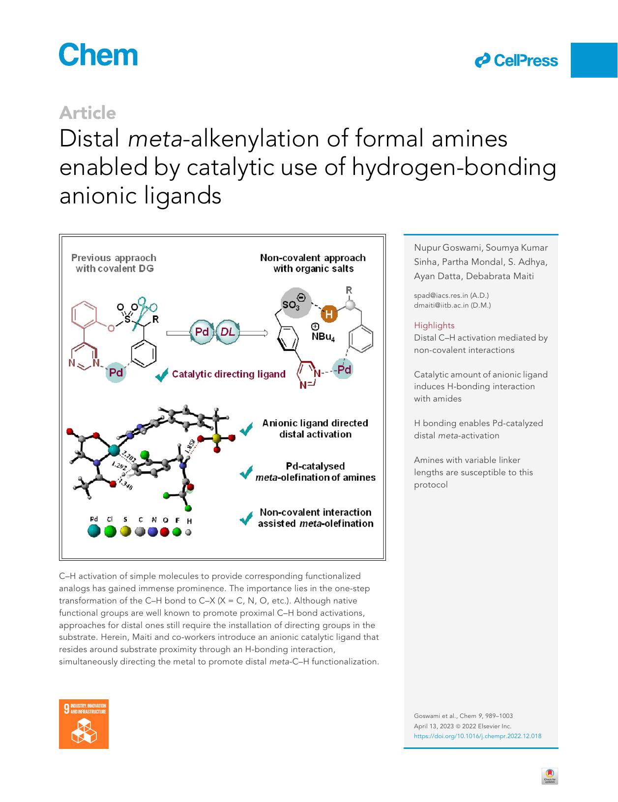 Distal meta-alkenylation of formal amines enabled by catalytic use of hydrogen-bonding anionic ligands by Nupur Goswami & Soumya Kumar Sinha & Partha Mondal & S. Adhya & Ayan Datta & Debabrata Maiti