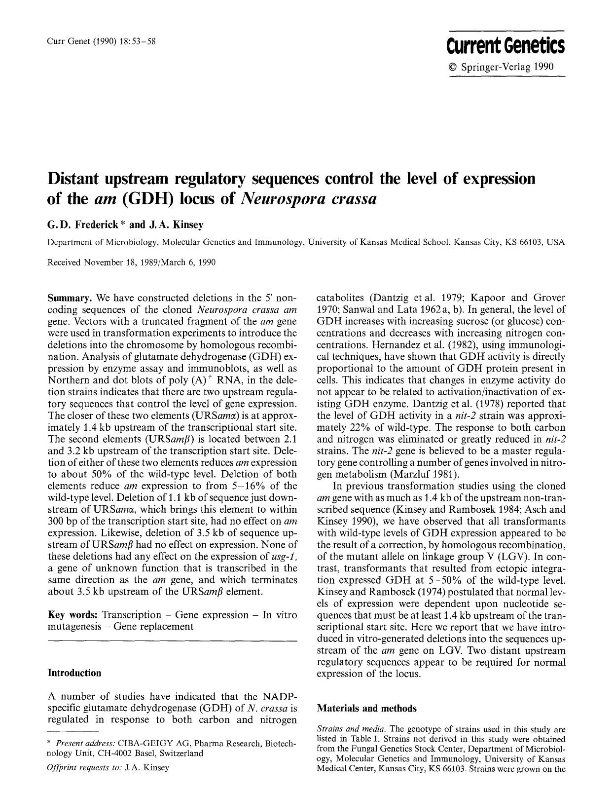 Distant upstream regulatory sequences control the level of expression of the <Emphasis Type="Italic">am<Emphasis> (GDH) locus of <Emphasis Type="Italic">Neurospora crassa<Emphasis> by Unknown