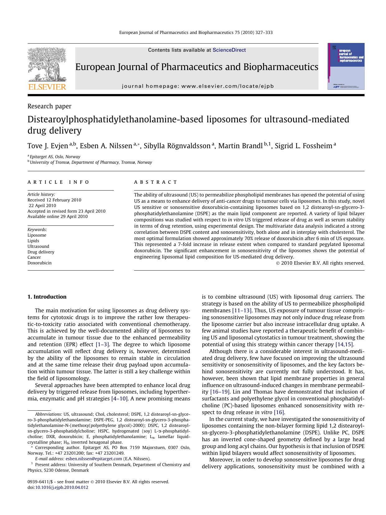 Distearoylphosphatidylethanolamine-based liposomes for ultrasound-mediated drug delivery by Tove J. Evjen & Esben A. Nilssen & Sibylla Rögnvaldsson & Martin Brandl & Sigrid L. Fossheim