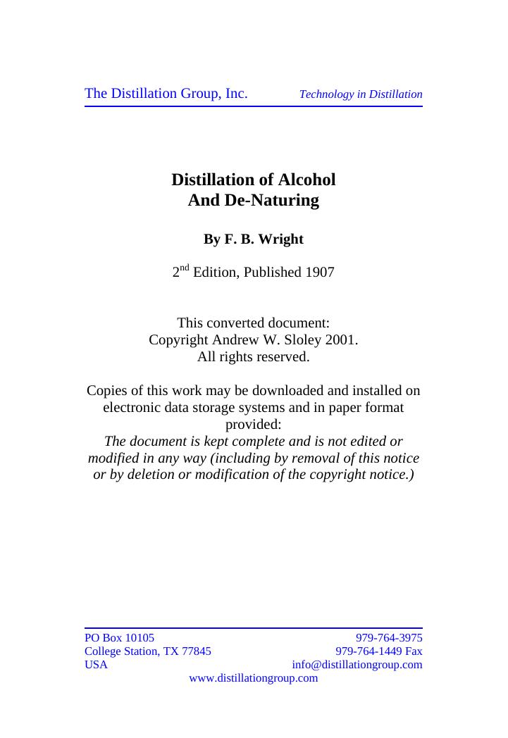 Distillation of Alcohol and Denaturing by F. B. Wright