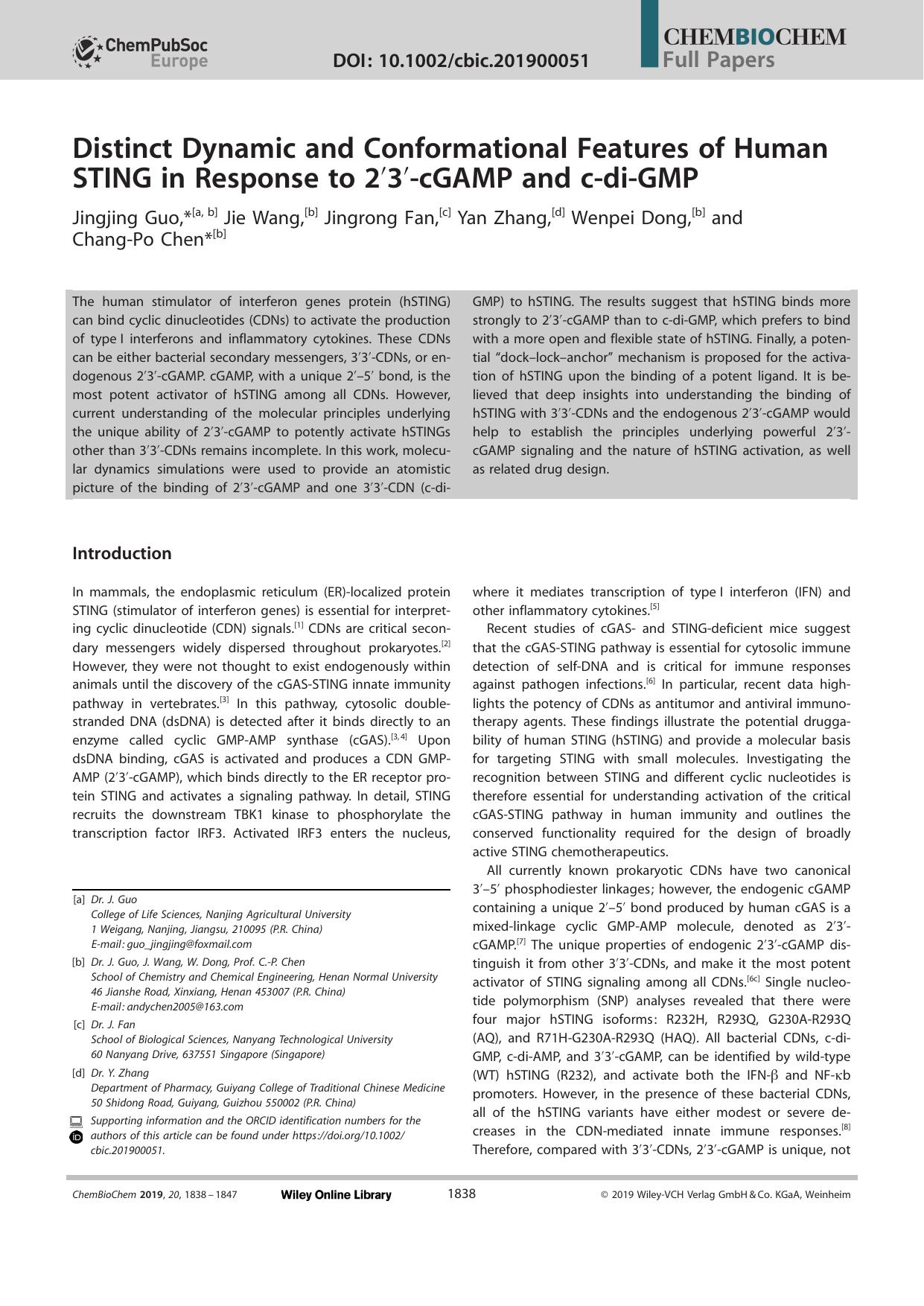 Distinct Dynamic and Conformational Features of Human STING in Response to 2â²3â²âcGAMP and câdiâGMP by Unknown