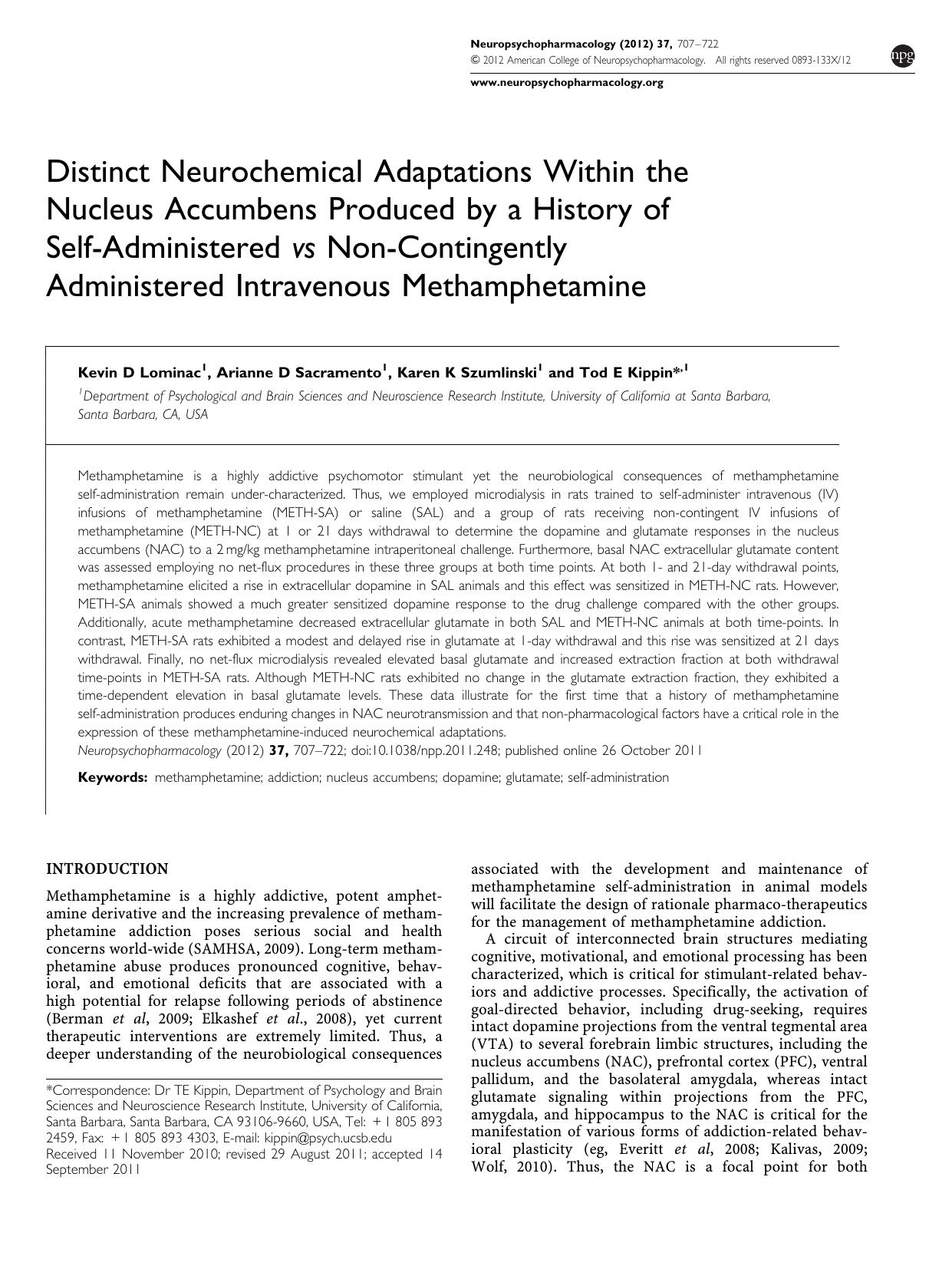 Distinct Neurochemical Adaptations Within the Nucleus Accumbens Produced by a History of Self-Administered vs Non-Contingently Administered Intravenous Methamphetamine by Kevin D Lominac & Arianne D Sacramento & Karen K Szumlinski & Tod E Kippin