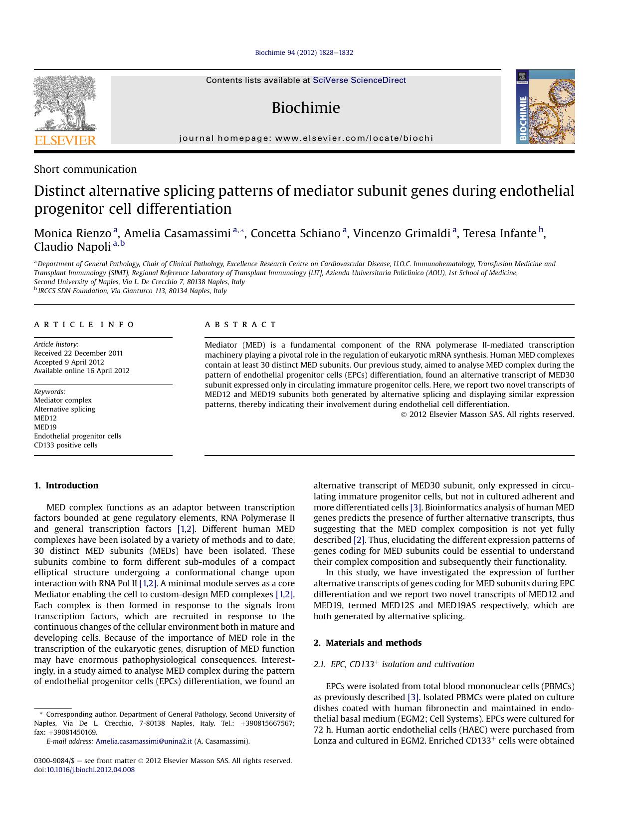 Distinct alternative splicing patterns of mediator subunit genes during endothelial progenitor cell differentiation by unknow