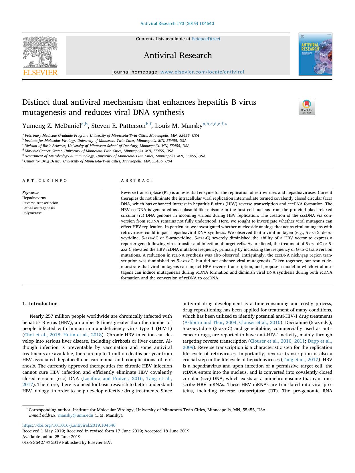 Distinct dual antiviral mechanism that enhances hepatitis B virus mutagenesis and reduces viral DNA synthesis by Yumeng Z. McDaniel & Steven E. Patterson & Louis M. Mansky