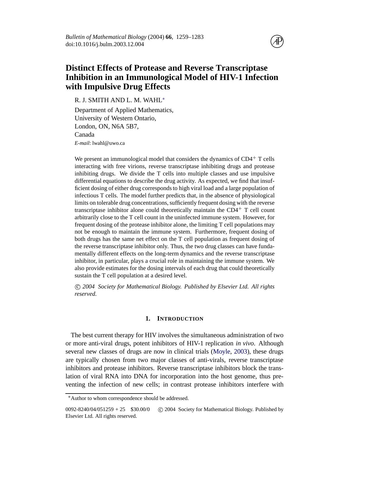 Distinct effects of protease and reverse transcriptase inhibition in an immunological model of HIV-1 infection with impulsive drug effects by Unknown