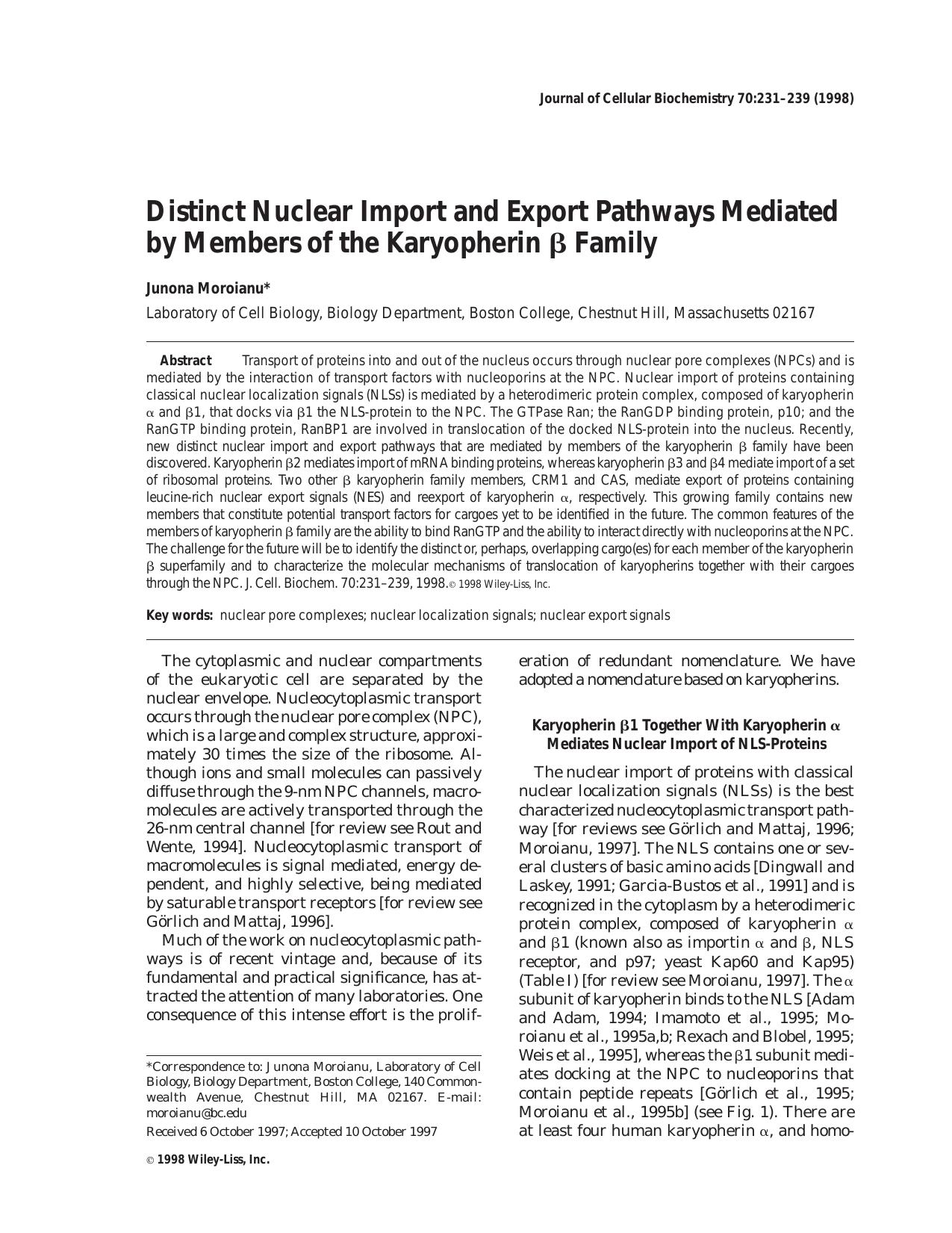 Distinct nuclear import and export pathways mediated by members of the karyopherin [bgr] family by Unknown
